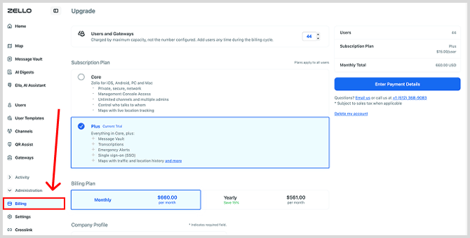 Billing page