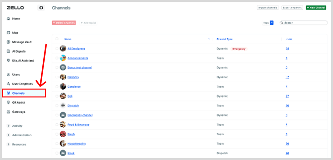 Channels page
