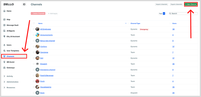 Create a dispatch channel select channel then new channel