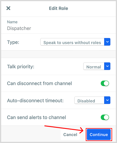 Edit dispatcher role and then click continue