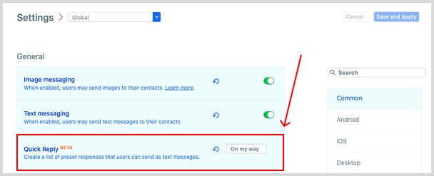 Locate the quick reply setting