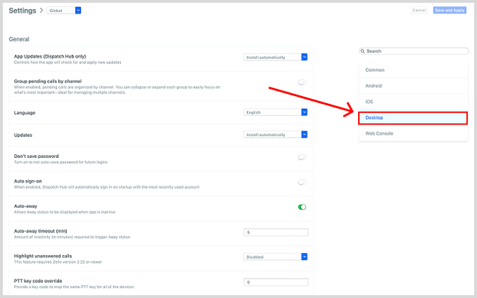 Select desktop in settings