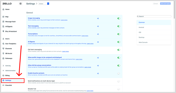 Settings page