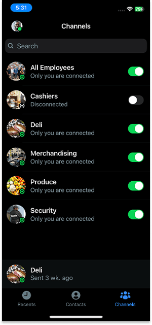 Use toggle to connect or disconnect from channel