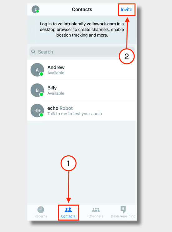 Zello contacts tab with invite button