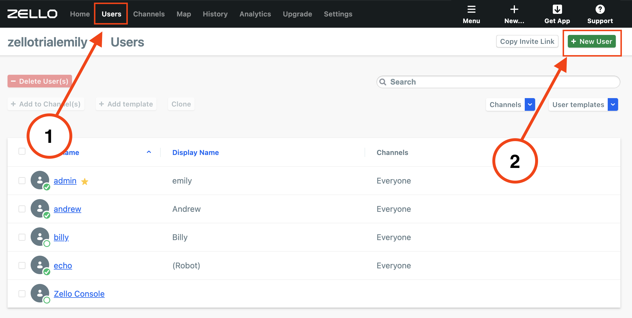 Management console users tab