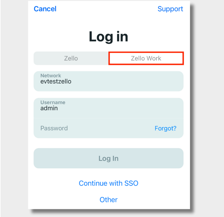 Zello Work login screen