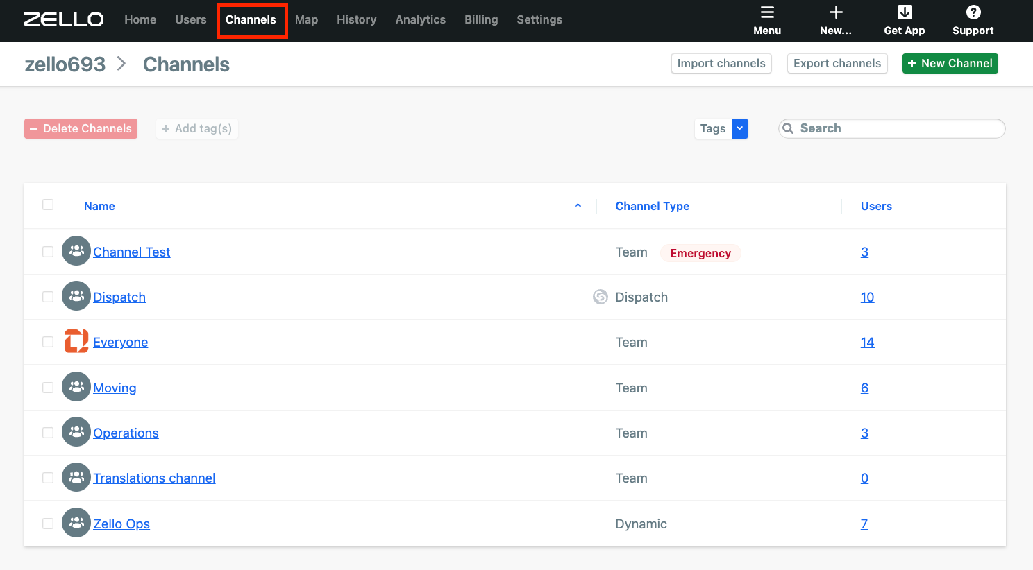 Legacy Channels Interface Tab