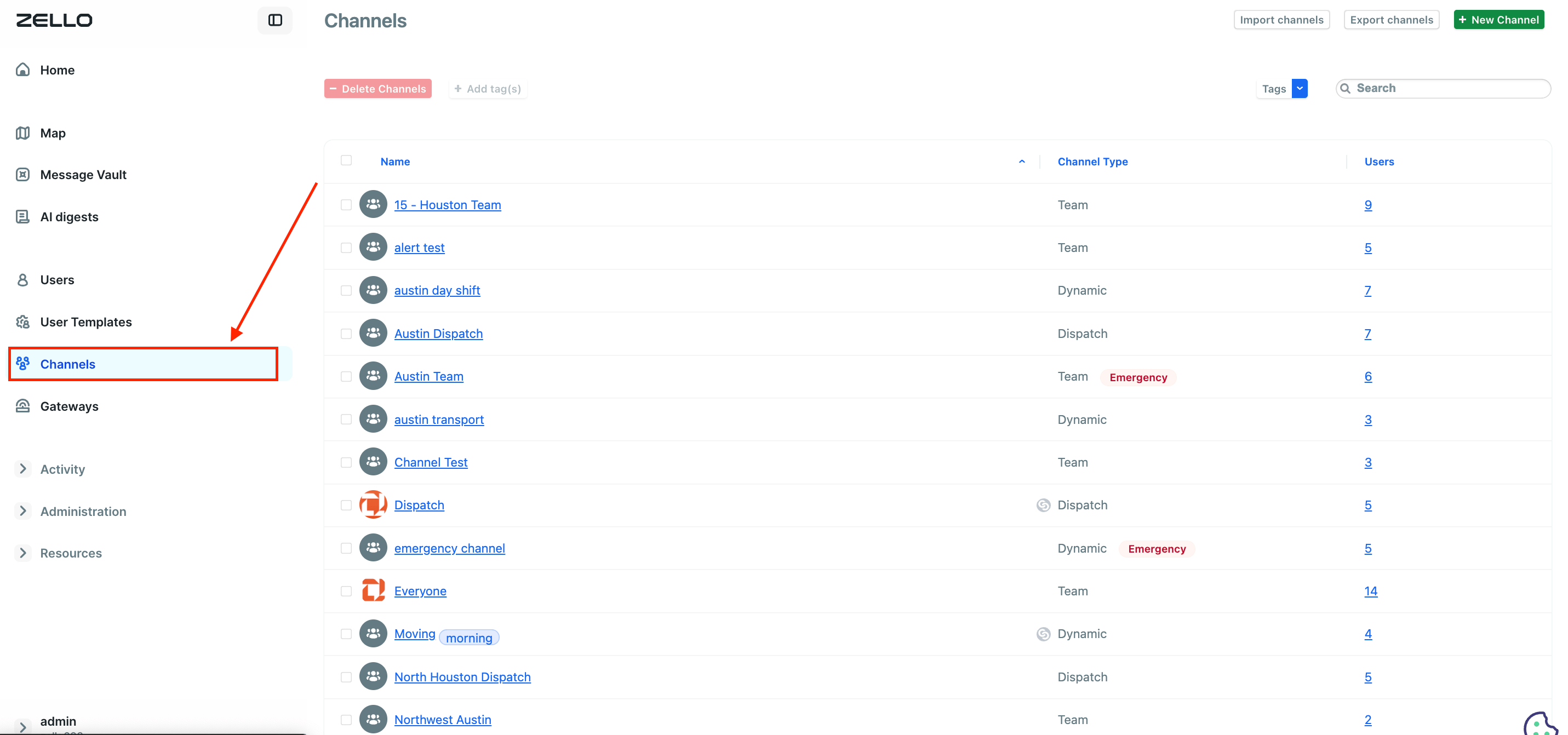 Updated Channels Interface Tab